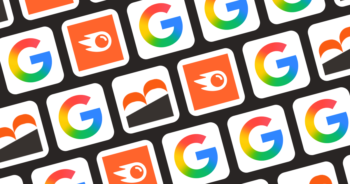 Grid of SEO tools logos like BabyloveGrowth, Google Analytics, and Semrush.