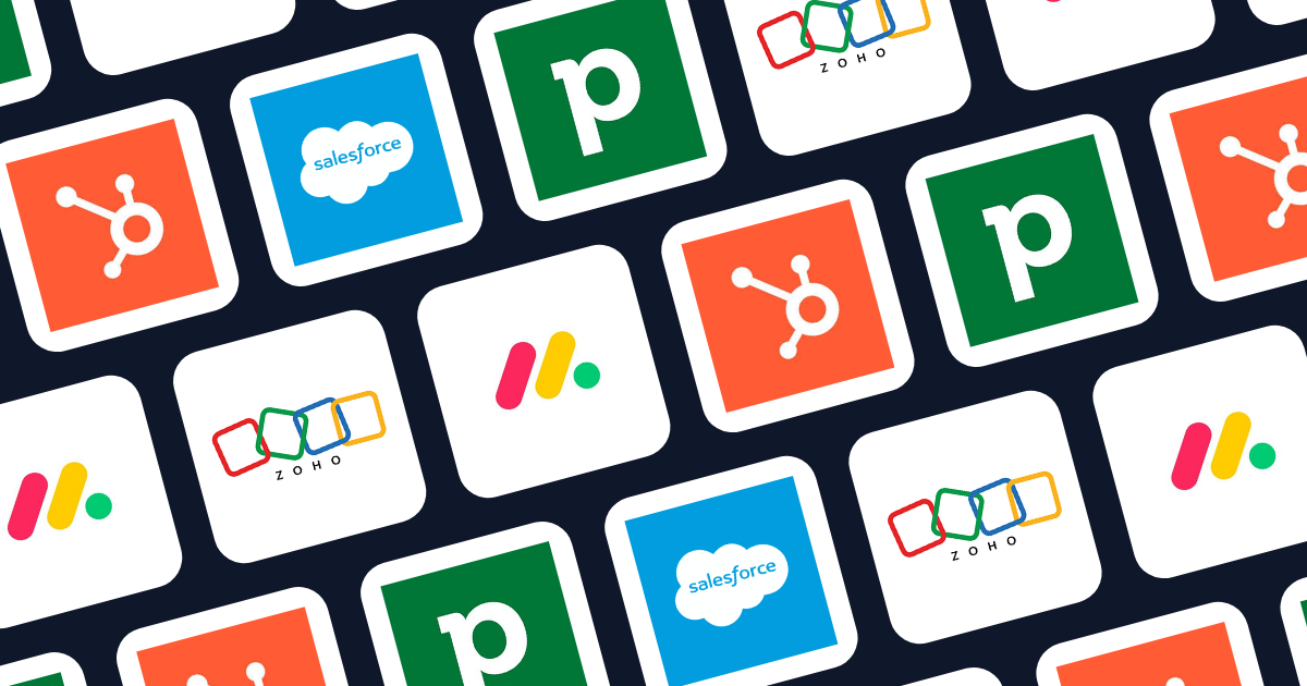 Icon grid of Salesforce, HubSpot, Zoho CRM, Pipedrive, and Monday Sales CRM logos