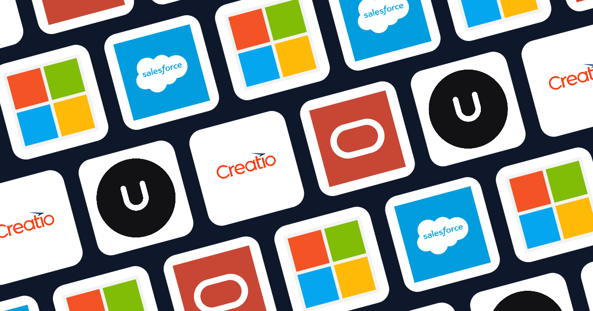 Grid of top bank CRM software logos including Creatio, Salesforce, Microsoft, Oracle, and Unforced