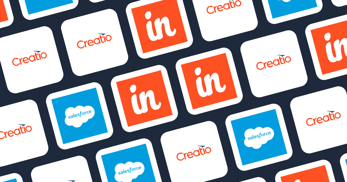 Icons of CRM reporting tools like Salesforce and Creatio.