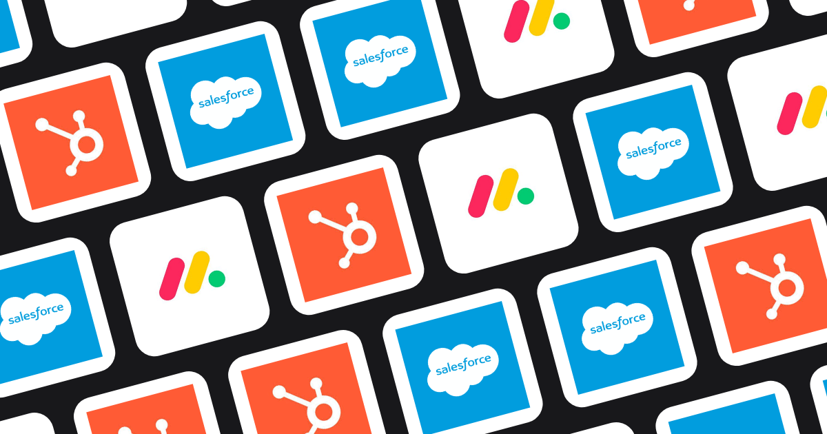Icons of monday CRM, HubSpot, and Salesforce illustrating lead scoring rule features
