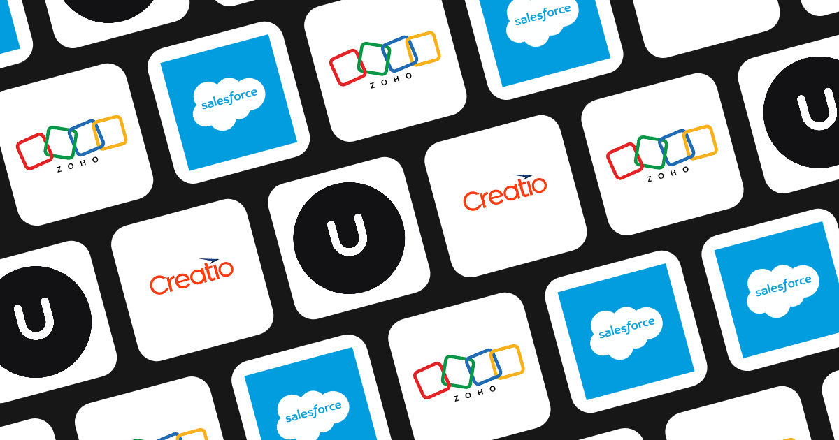 Logos of Unforced, Creatio, Salesforce, and Zoho CRM representing leading manufacturing CRM tools
