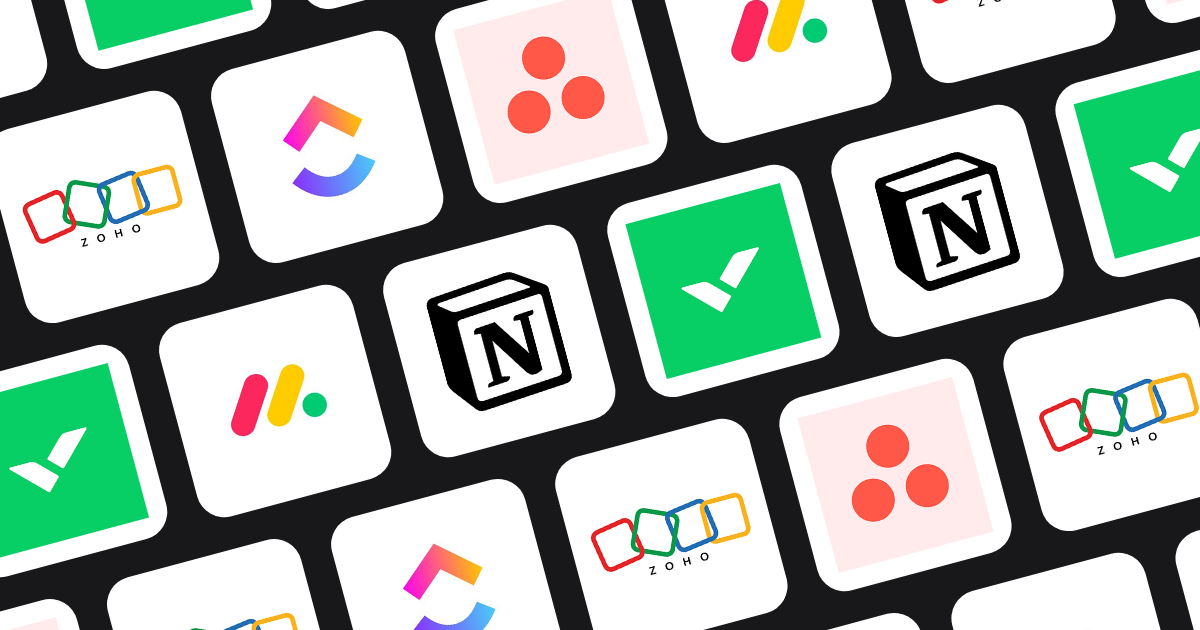 Logos of top project management software with client portal features including Wrike, monday.com, ClickUp, Asana, Notion, and Zoho Projects.