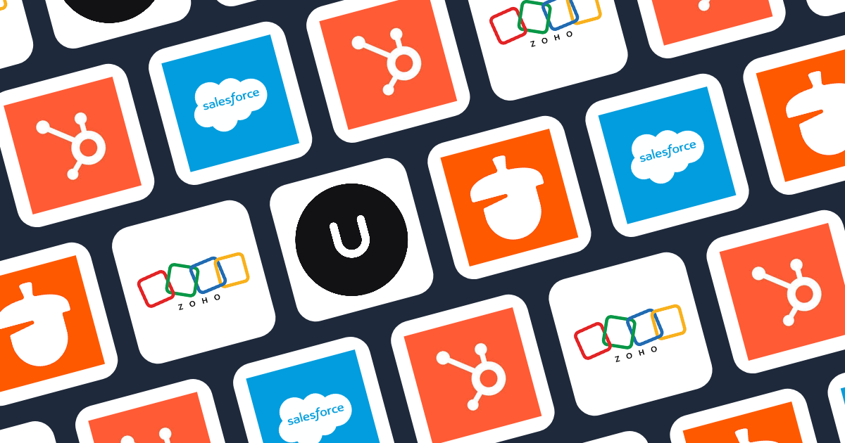 Icon grid of leading sales and marketing software tools like Nutshell, HubSpot, Salesforce, Unforced, and Zoho.