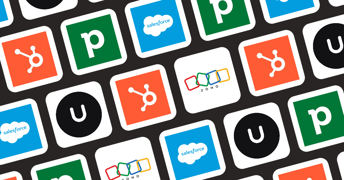 Logos of Salesforce, HubSpot, Unforced, Pipedrive, and Zoho CRM shown together