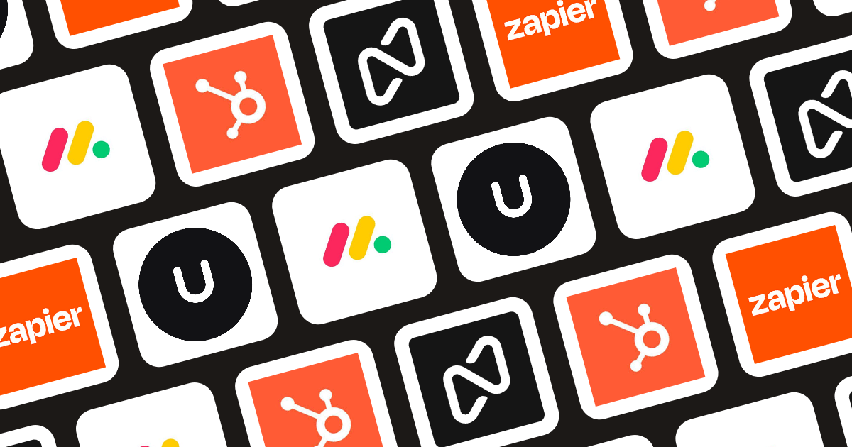 Grid of workflow automation tool logos including Noloco, Unforced, Zapier, HubSpot, and Monday.com